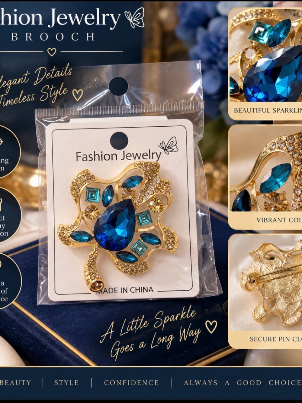Fashion Jewelry Blue and Teal Crystal Gold-Tone Floral Brooch